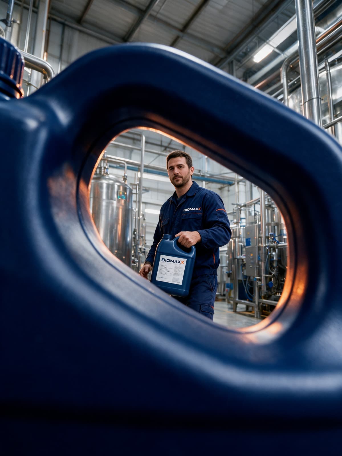 Colaborador da Biomaxx carregando um galão do produto dentro da fábrica