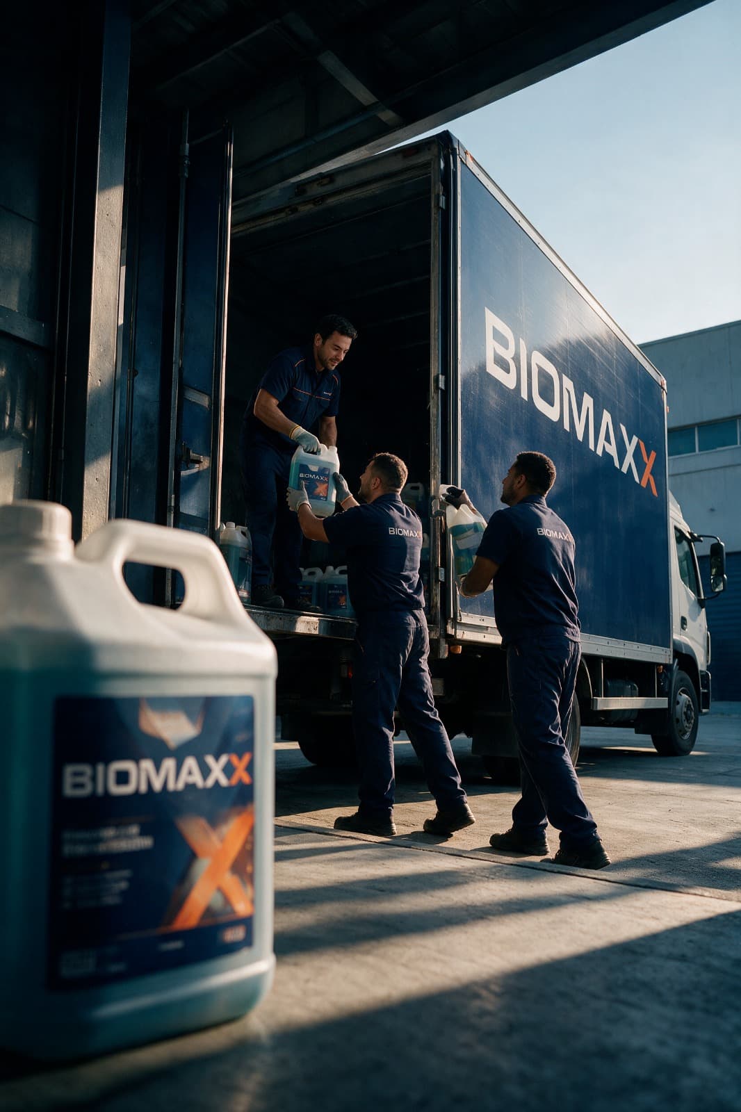 Equipe da Biomaxx carregando caminhão de entrega com a marca aplicada