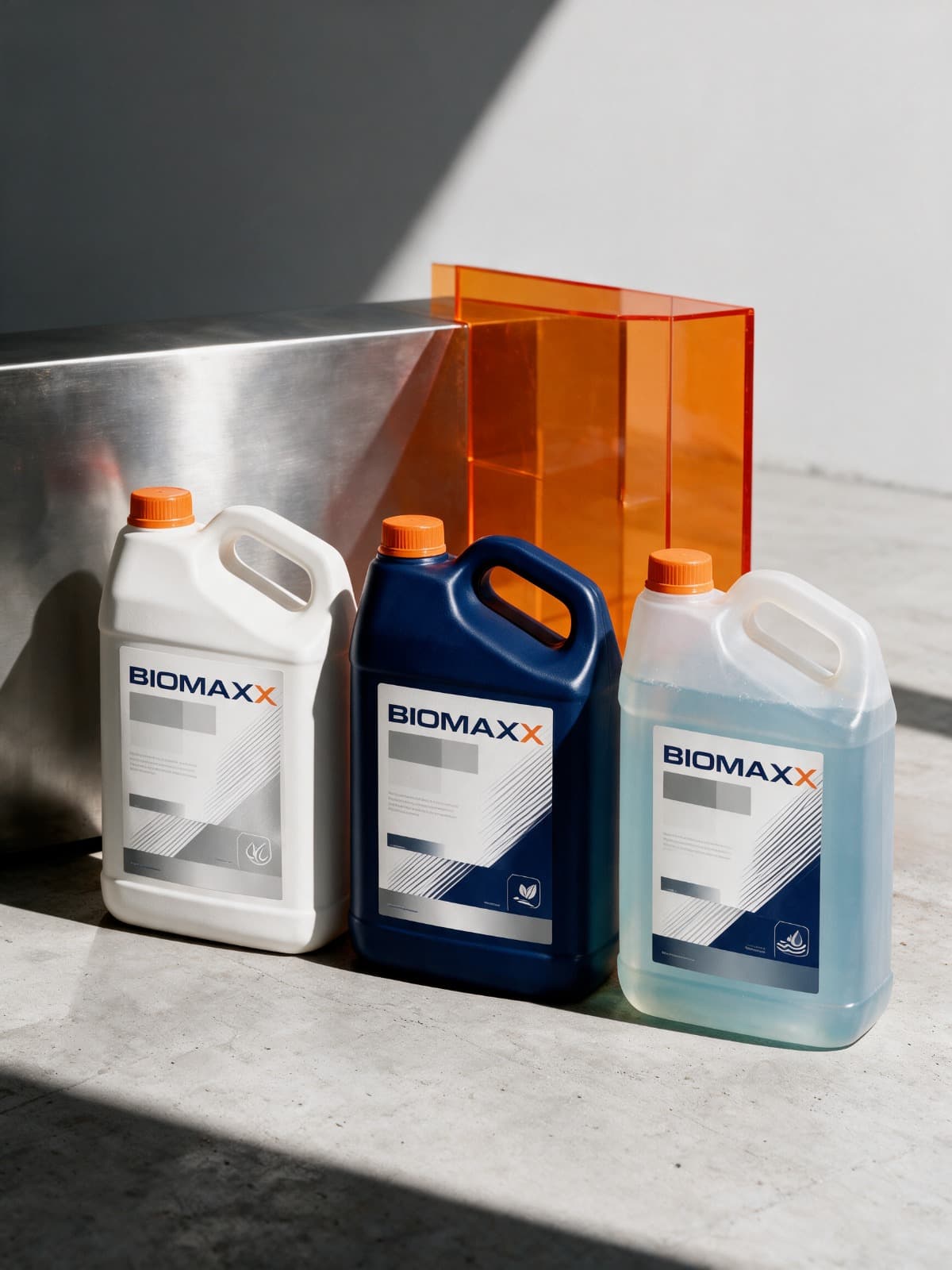 Linha de produtos Biomaxx em embalagens branca, azul e transparente