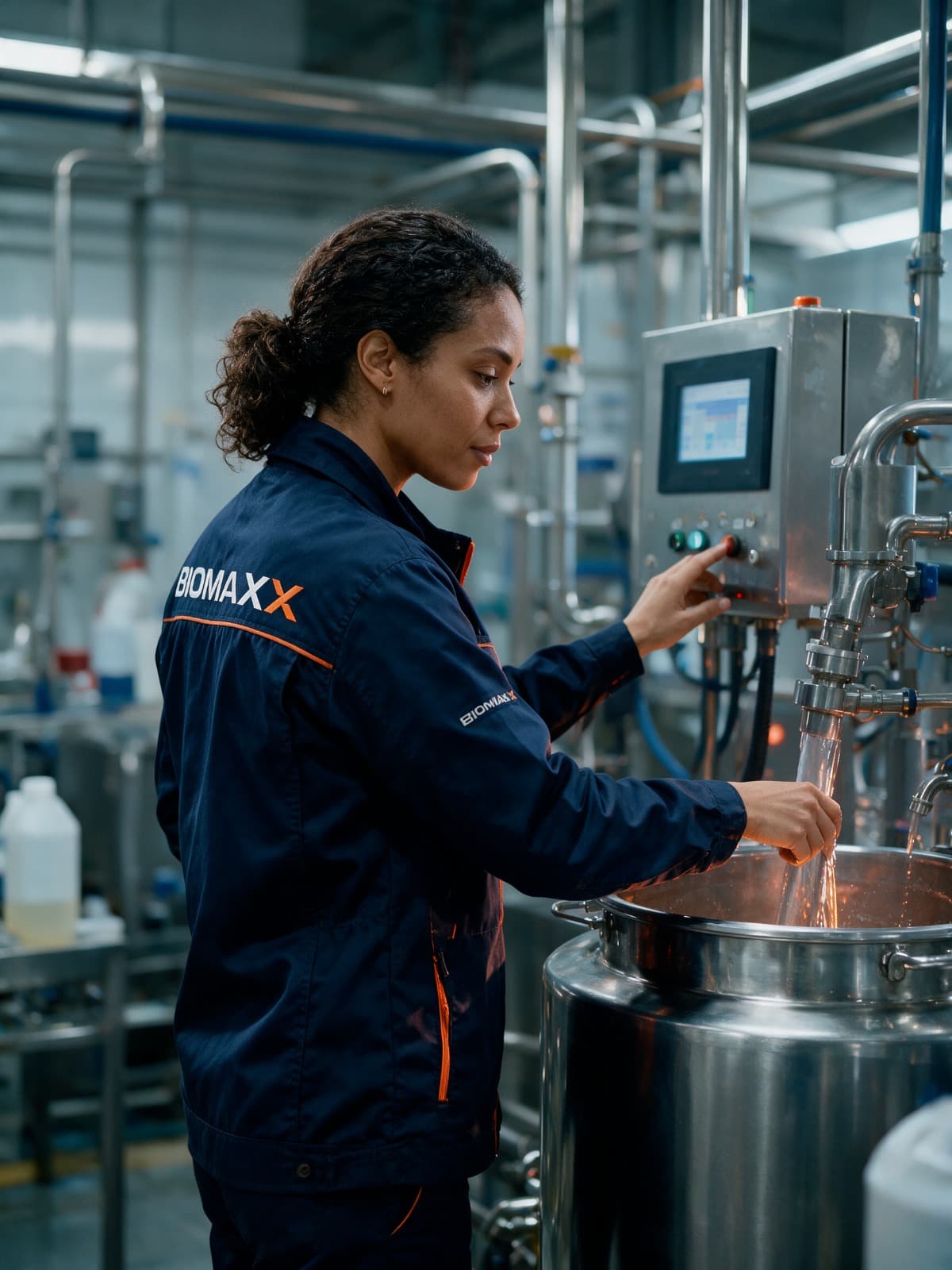 Colaboradora da Biomaxx ajustando equipamento em tanque industrial