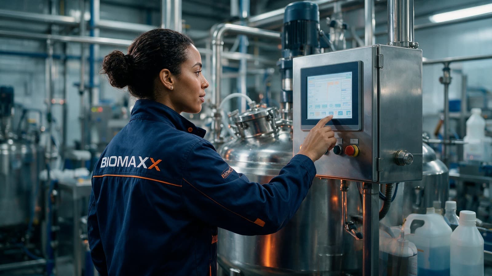 Colaboradora da Biomaxx operando painel de controle industrial