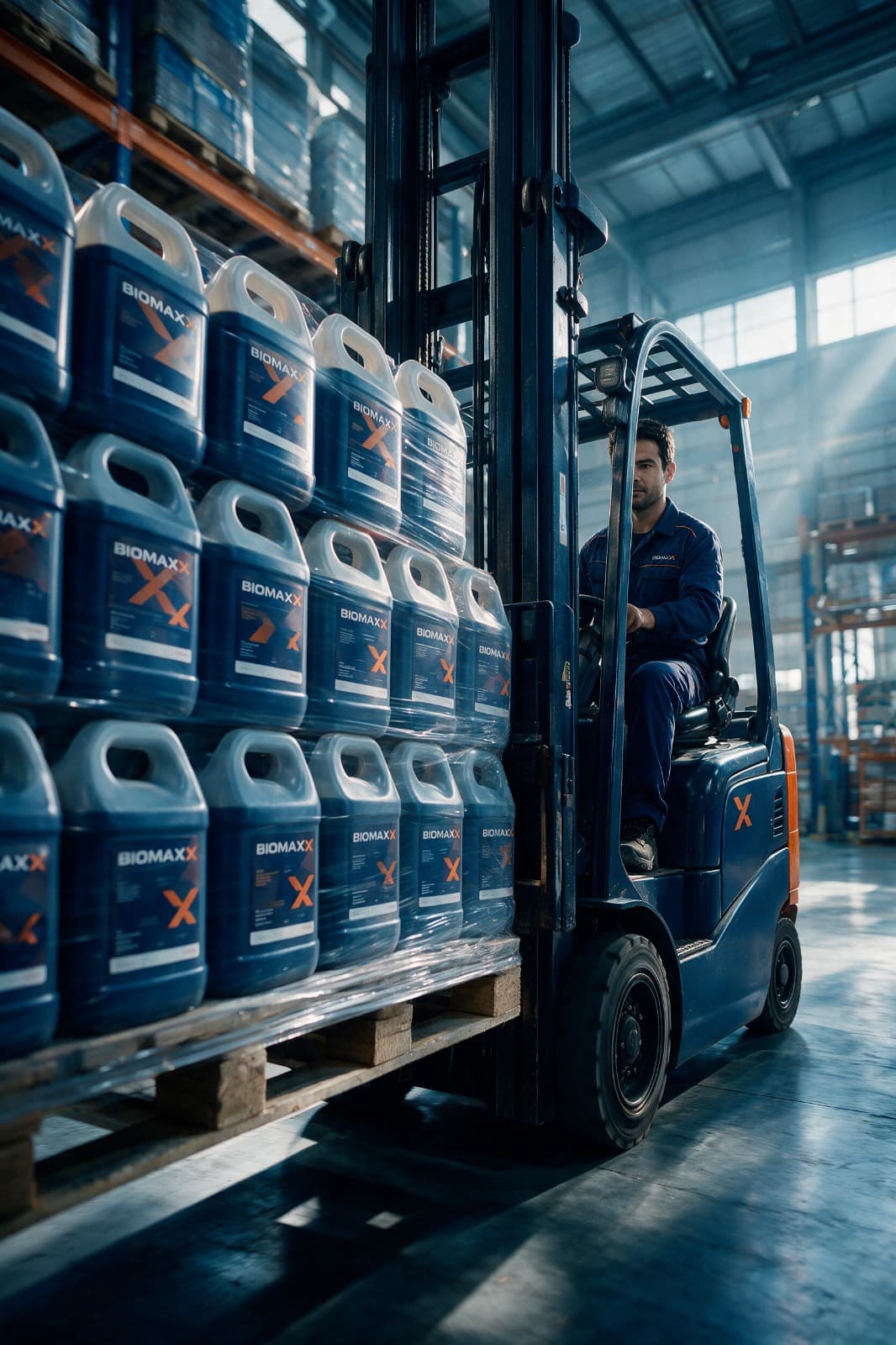 Colaborador da Biomaxx operando empilhadeira entre paletes de produto