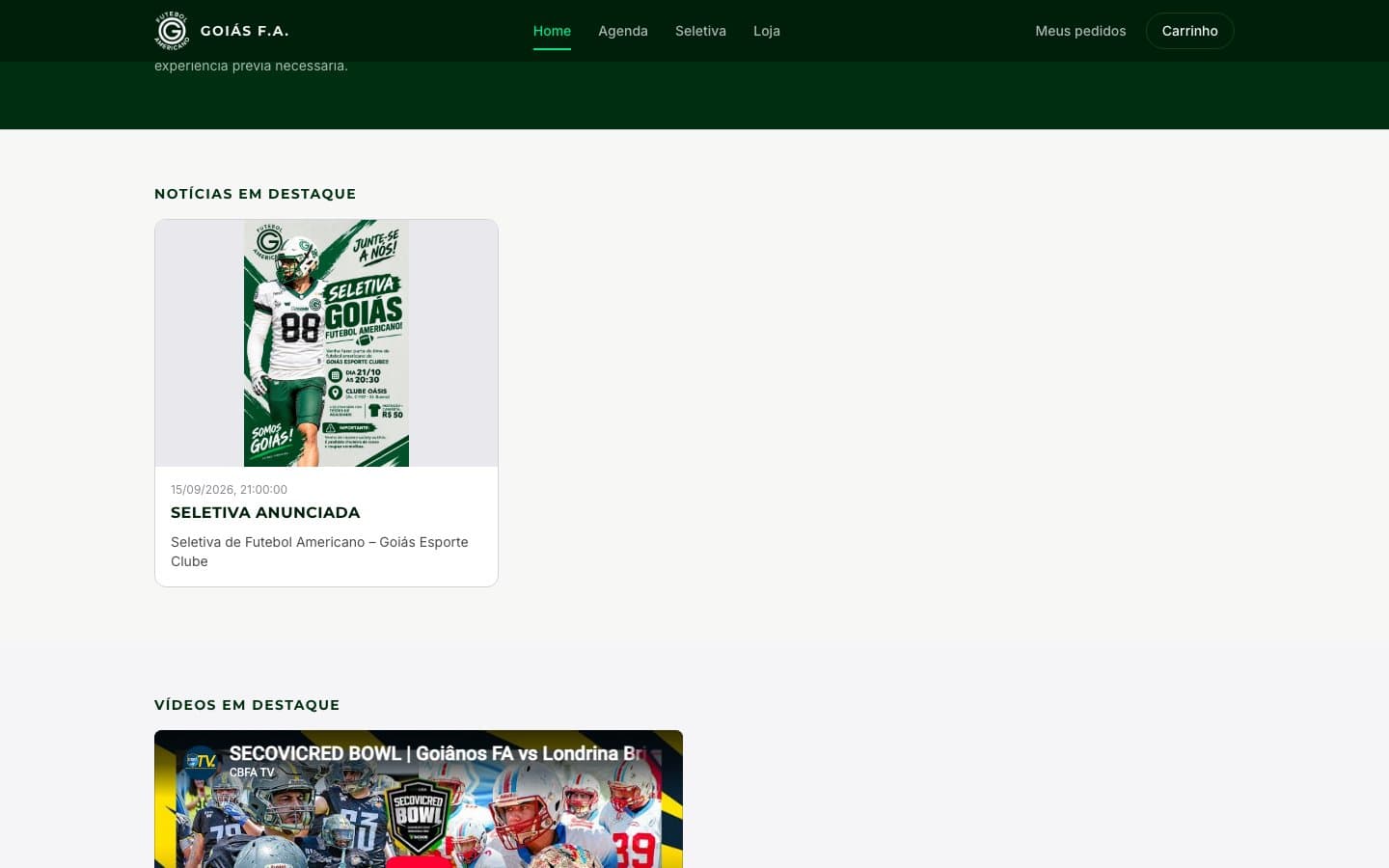 Seção de notícias e vídeos em destaque na home do Goiás F.A.