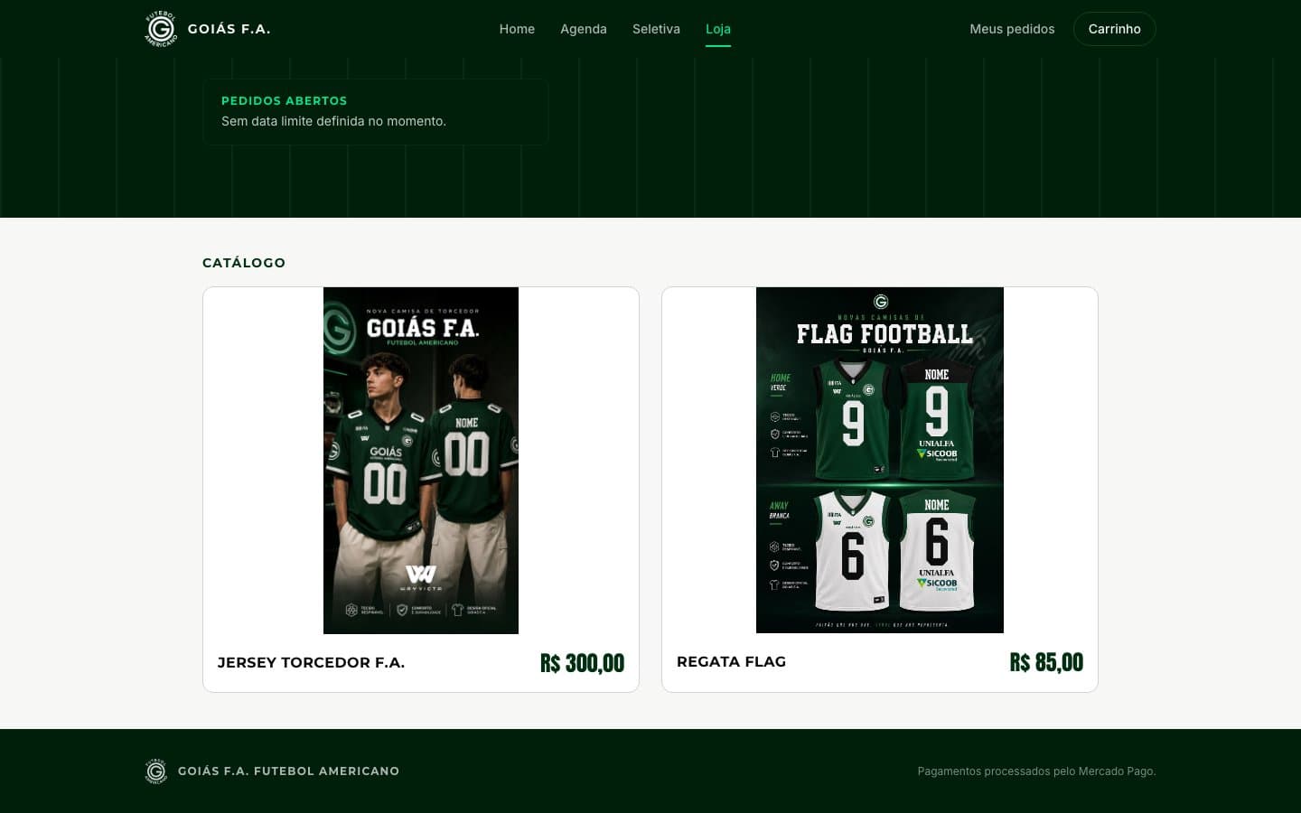 Catálogo de uniformes da loja do Goiás F.A. com preços