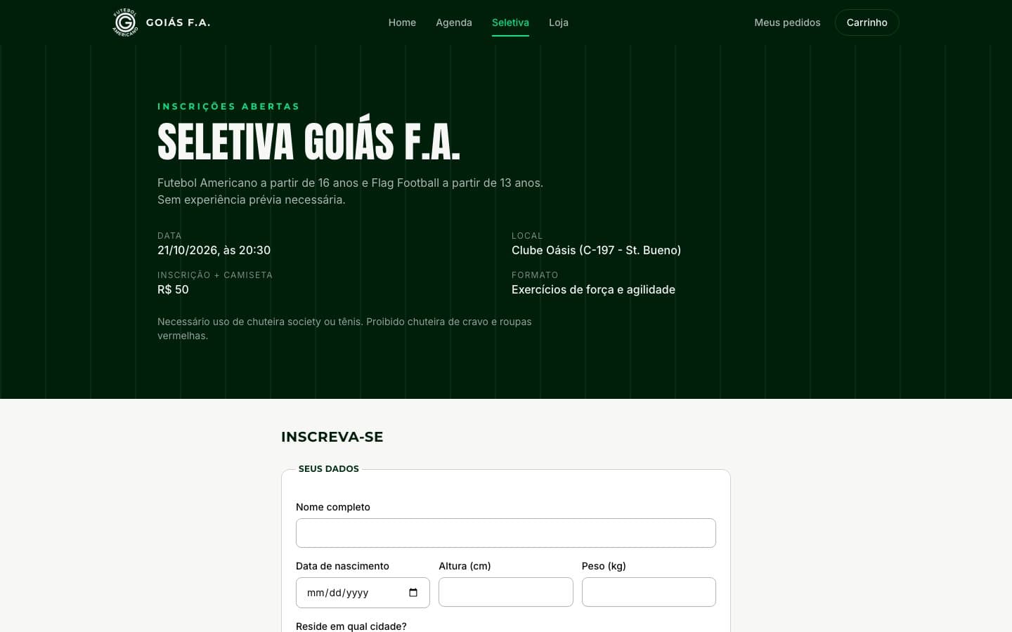Formulário de inscrição da seletiva do Goiás F.A.