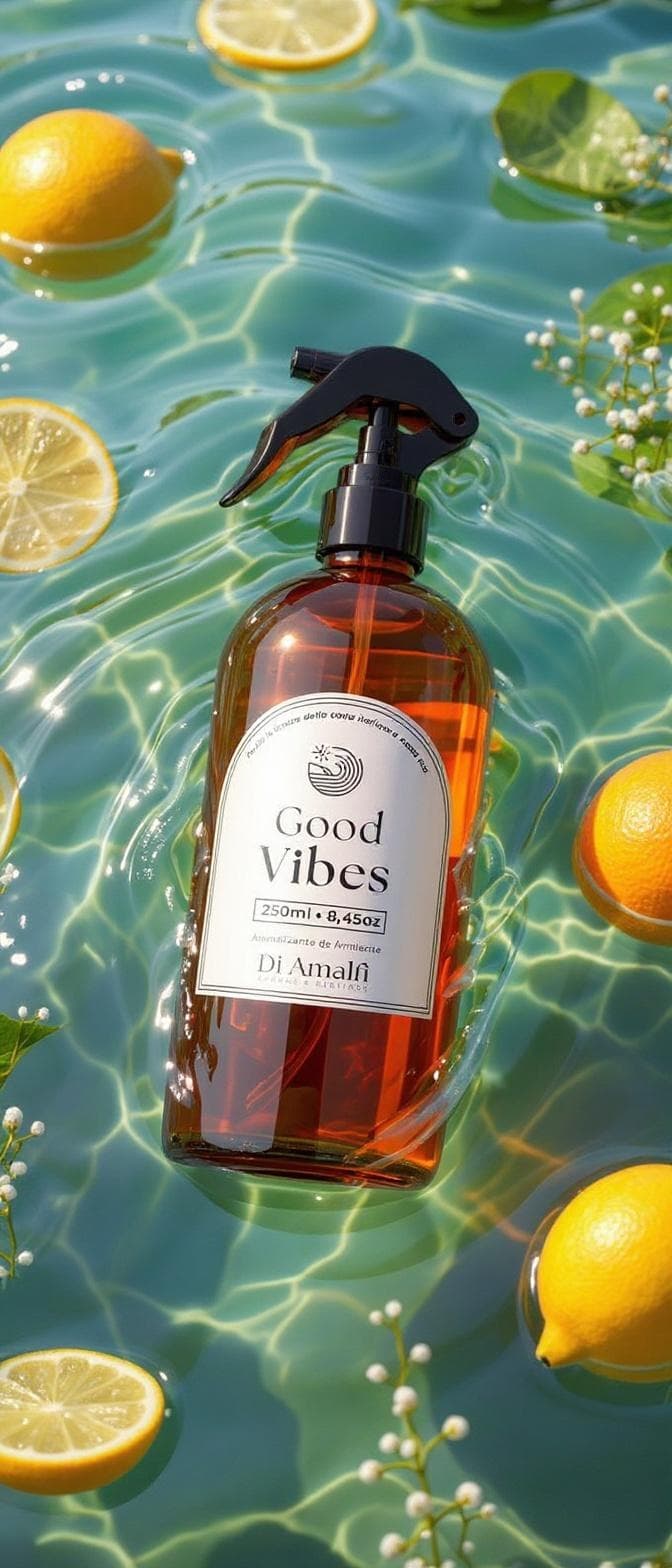 Frasco Good Vibes da Di Amalfi entre folhas e frutas cítricas na água