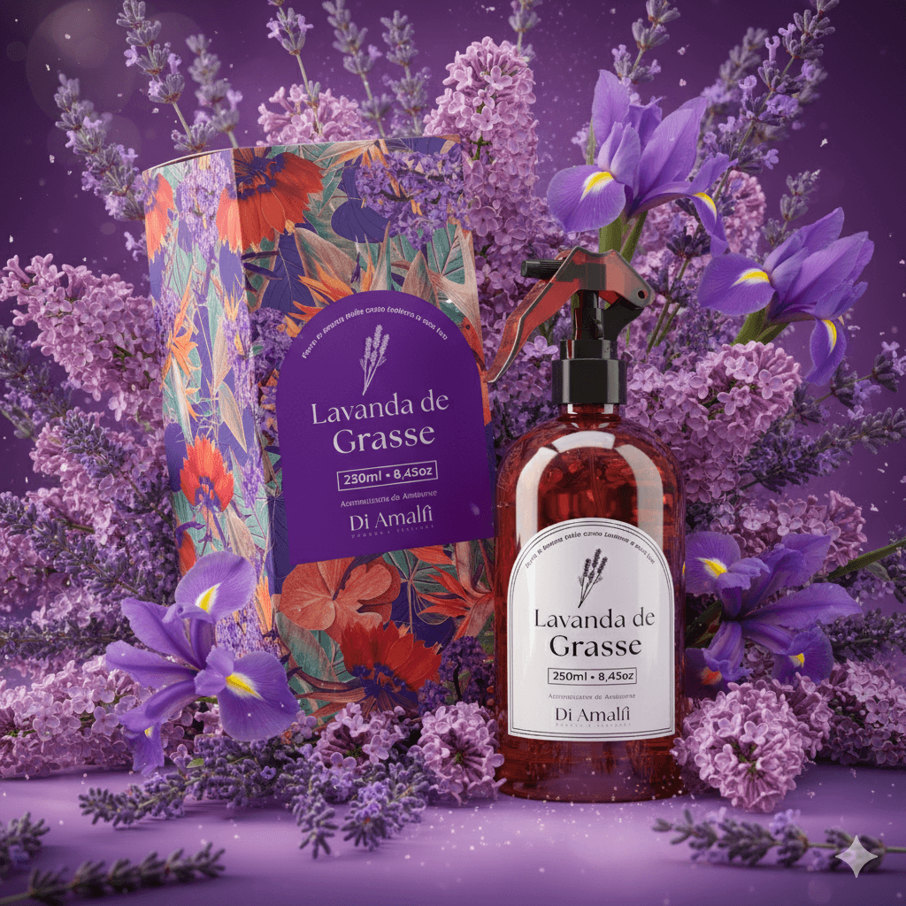 Frasco e caixa da linha Lavanda de Grasse da Di Amalfi entre ramos de lavanda