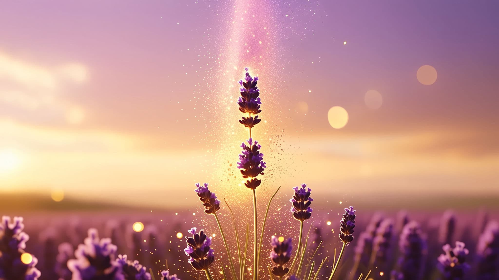 Ramo de lavanda iluminado pelo entardecer, com partículas de luz suspensas no ar
