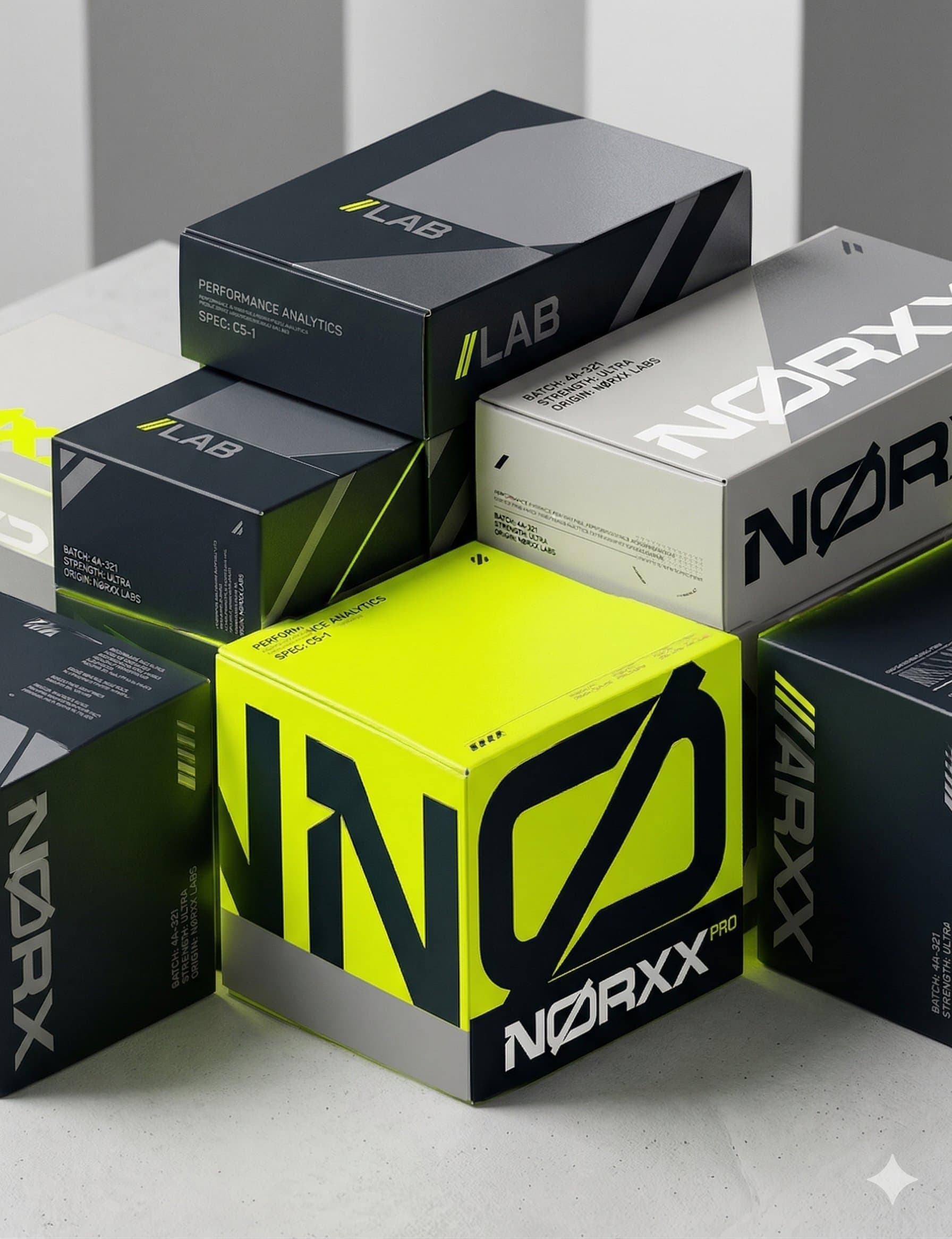 Caixas da linha Nørxx empilhadas, com variações LAB e PRO