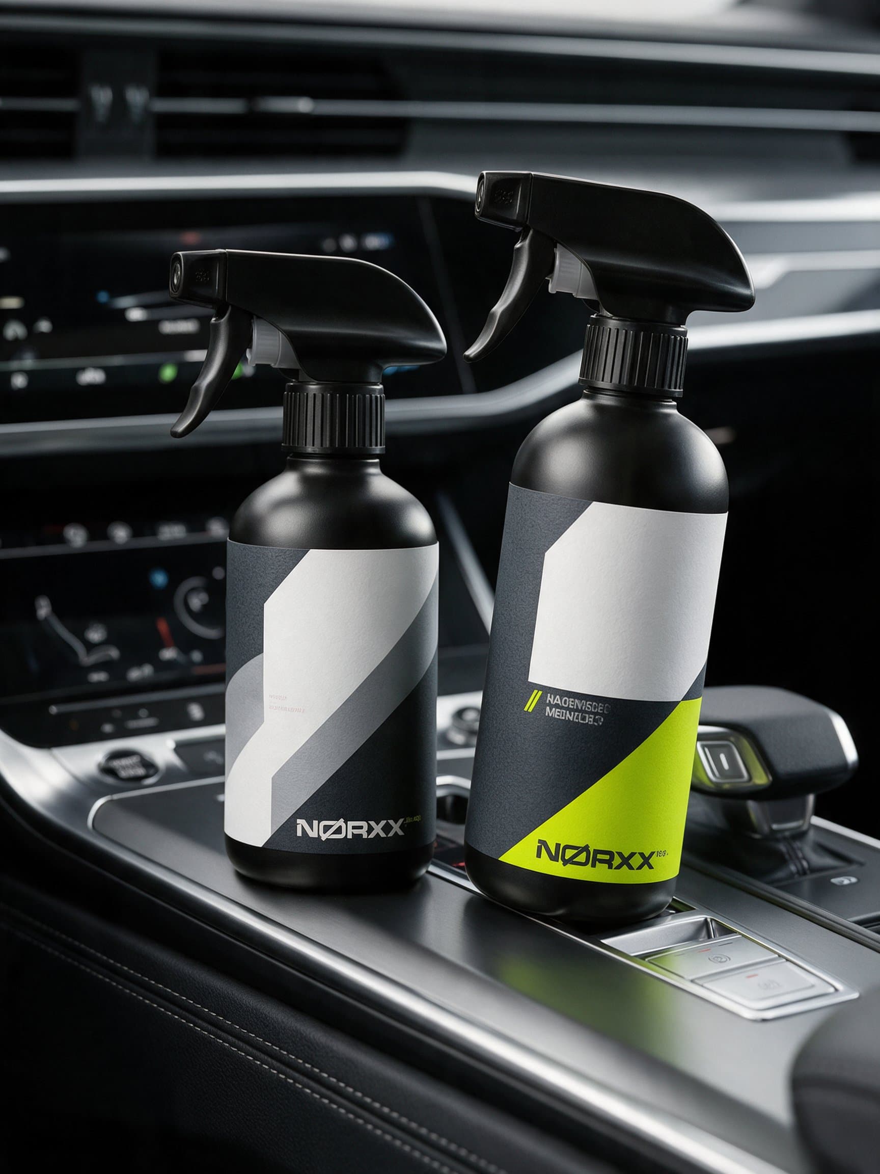 Frascos spray da linha Nørxx sobre console automotivo
