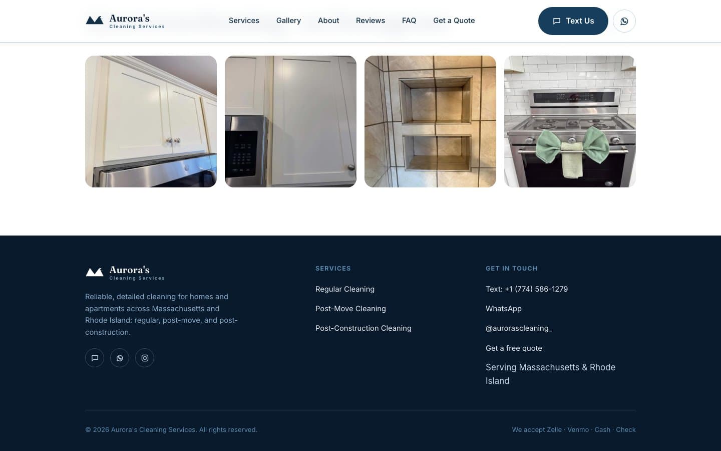 Galeria de fotos de trabalhos realizados e rodapé do site da Aurora's